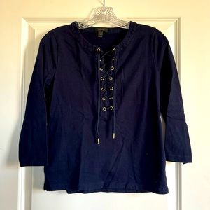 J. Crew lace up cotton tee XS. Sleeves 3/4 $ gold grommet detail. Good cond